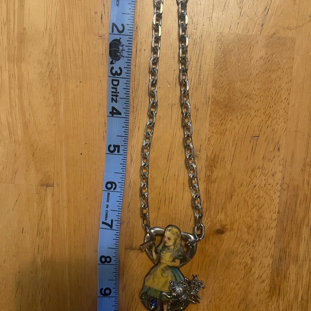 Blue and Silver Vintage Alice in Wonderland Chain Necklace with Intricate Design